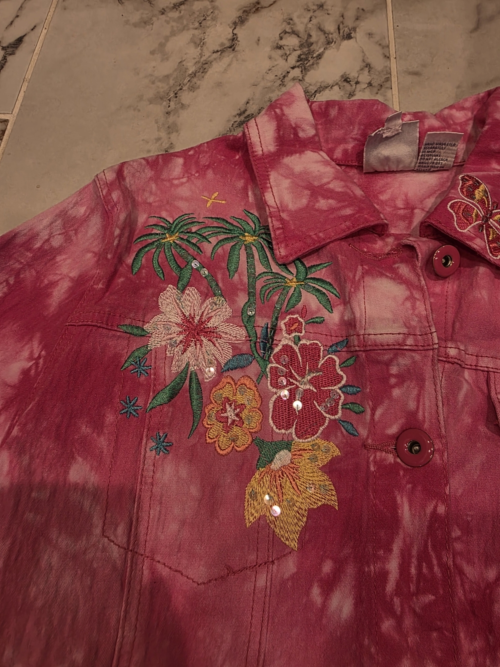 Vintage DG2 By Diane Gillman Tie Dye Floral Stitched Jean Jacket Lg - Picture 5 of 12